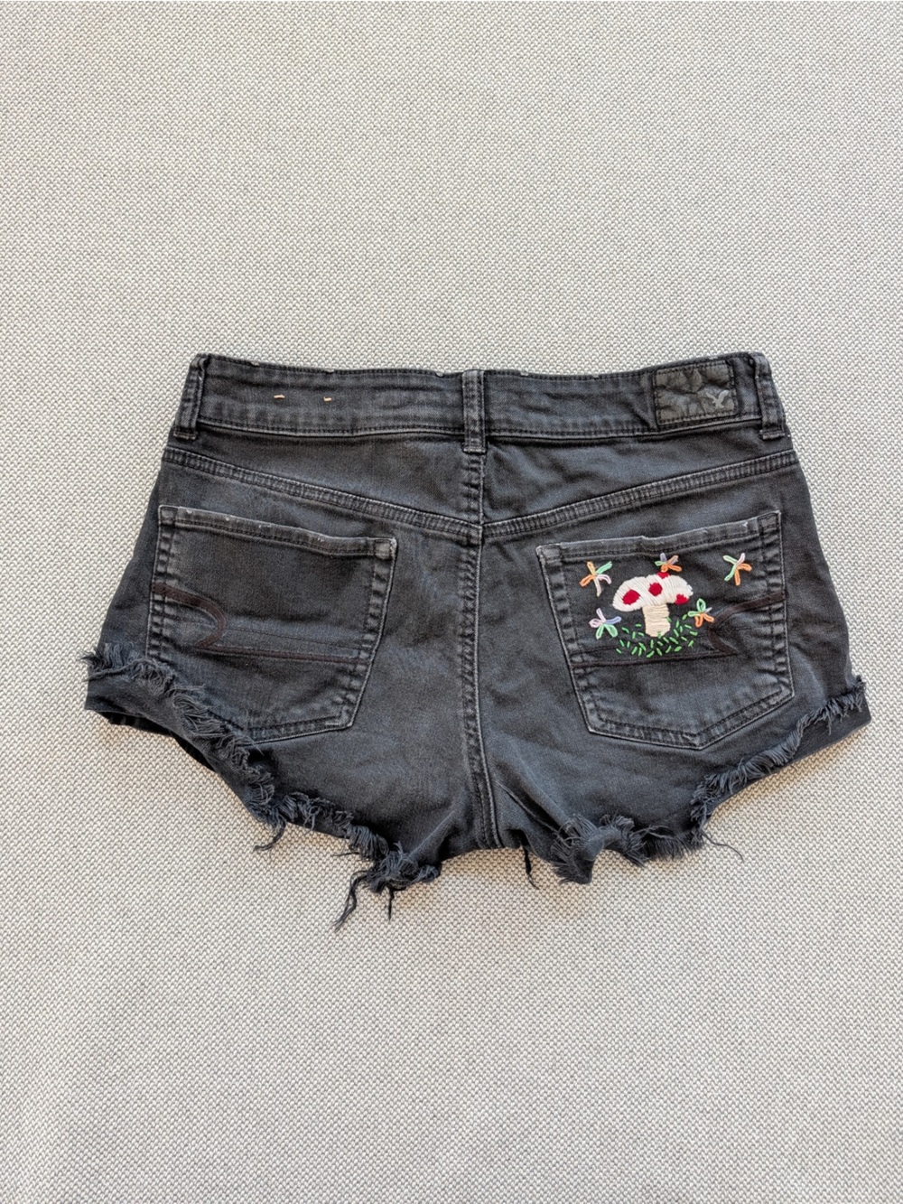 American Eagle Outfitters Black Denim Shorts with Embroidered Mushroom Pocket